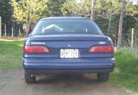 1995 Ford Taurus - The rear of a blue Ford Taurus sedan is shown, with a license plate and trees in the background.