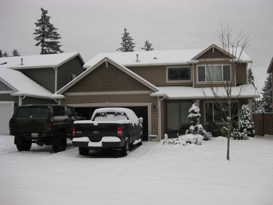 Dark green Ford Bronco and black Ford F-150 in a snowy driveway.
