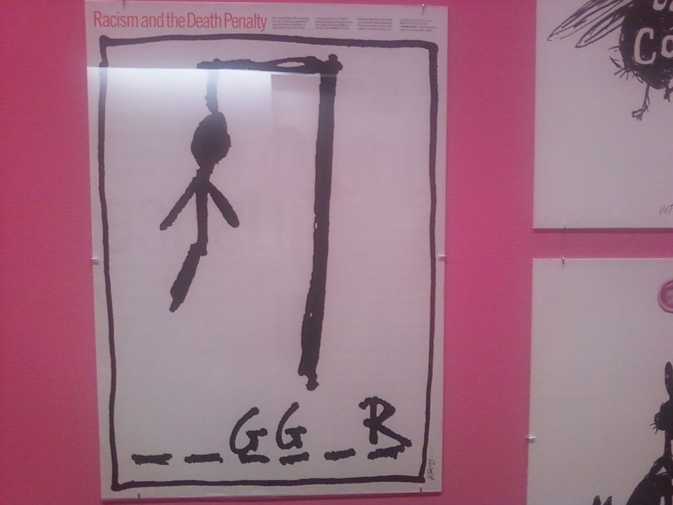 poster titled "Racism and the Death Penalty" with a drawing of a stick figure hanging from a noose and text below
