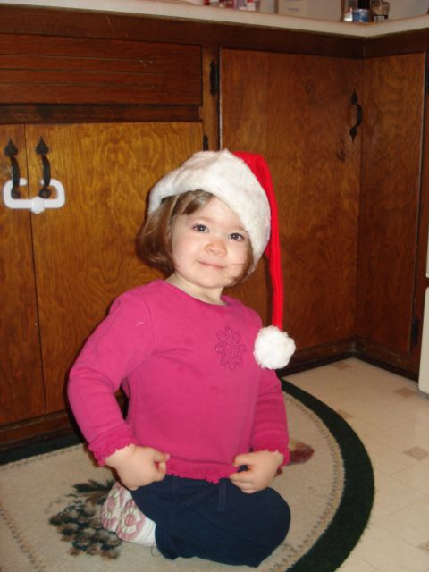 2000 Ford Crown Victoria - A young child wearing a festive Santa hat smiles while kneeling on a rug in a kitchen.