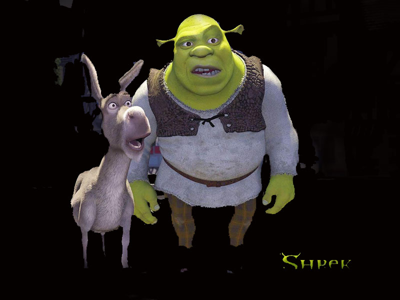 Shrek and Donkey from the movie Shrek with the Shrek logo.