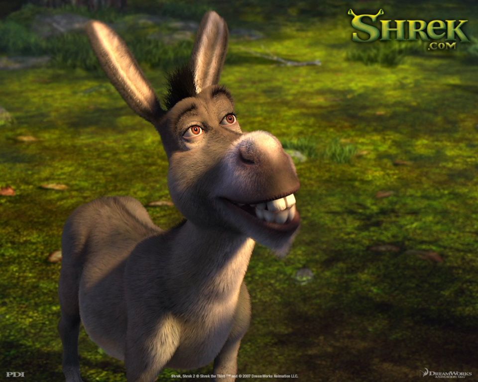 Donkey from Shrek smiling widely in a grassy field.
