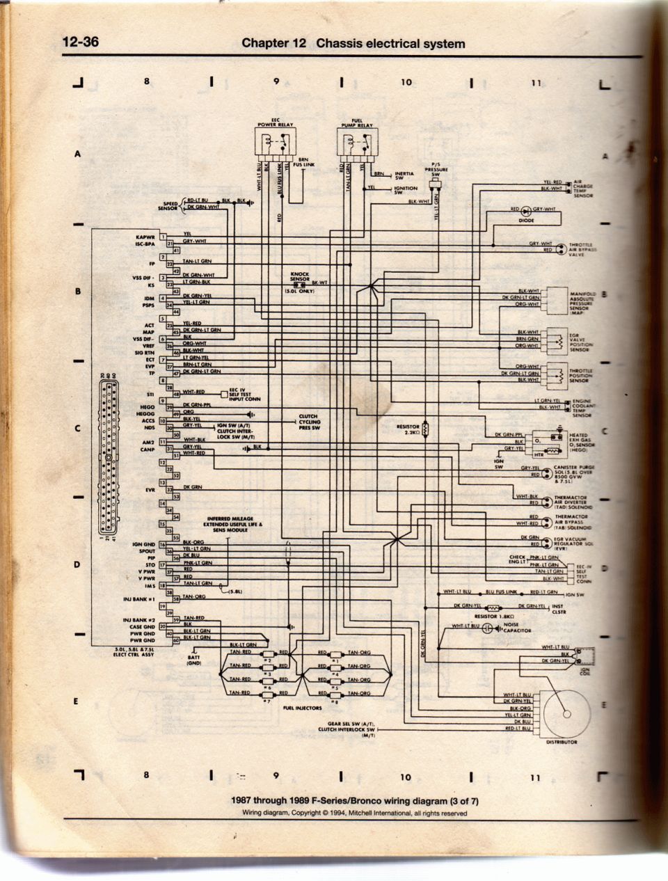 '87-89 Ford F-Series and Bronco wiring diagram 3 of 7 with engine control module and sensor circuits