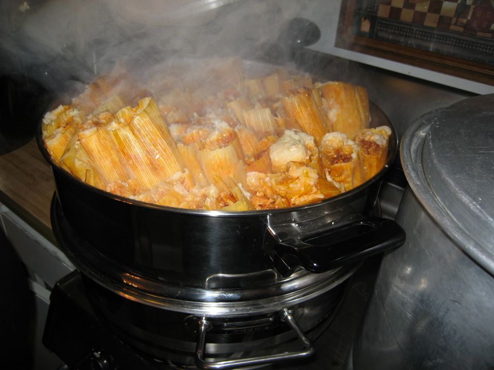 Steaming pot of tamales