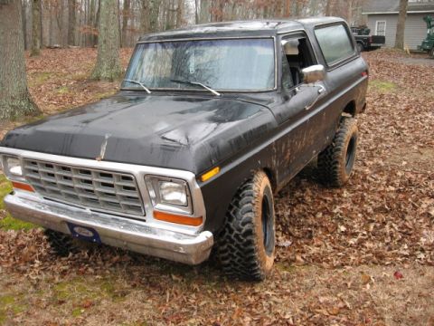 1978 Ford Bronco - A black 1978 Ford Bronco is parked on a ground covered with fallen leaves. The vehicle has large, knobby tires and appears to be dirty.
