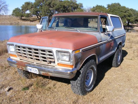 1979 Ford Bronco - A rusty, two-tone blue and red 1979 Ford Bronco is parked on a grassy field near a body of water. The front of the vehicle, including the g…
