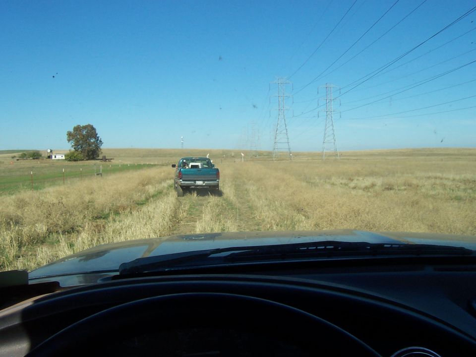 Blue Ford F-150 pickup truck driving on a dirt road in a field with power lines.