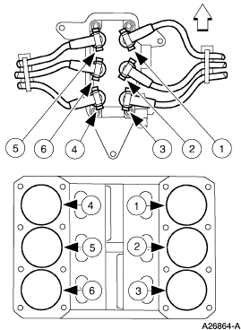 2007 Ford Mustang - Service-manual diagram showing spark plug wire routing and numbered cylinder positions.