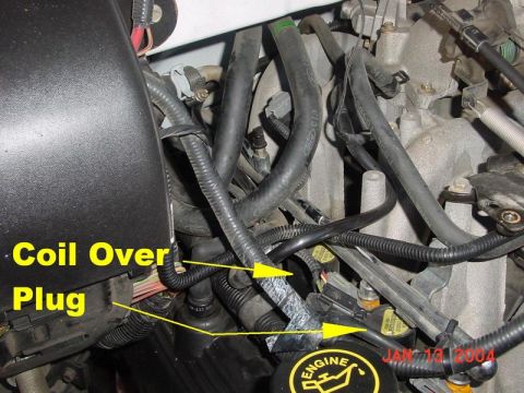2007 Ford Mustang - Annotated engine-bay photograph labeling coil-over-plug location, not a technical document.