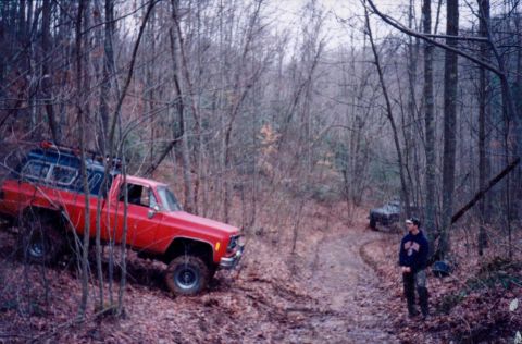 1982 Ford Bronco - Big Red couldn't climb this hill, so he let me try it. It's way steeper than you think and the picture is taken near the bottom. The wet le…