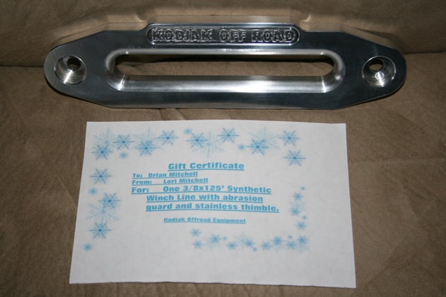 Silver Kodiak Off Road winch shackle mount and gift certificate for synthetic winch line.