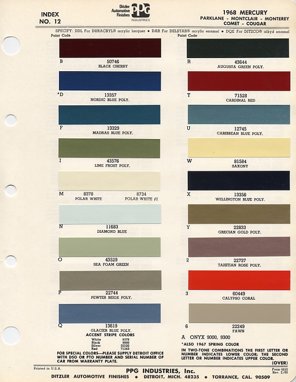 Ditzler 1968 Mercury paint chip chart for Parklane, Montclair, Monterey, Comet and Cougar