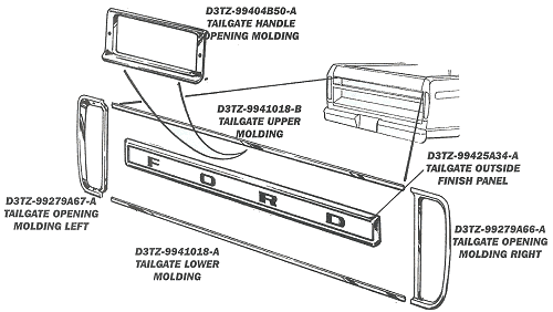Diagram of Ford truck tailgate trim and molding parts with labels.