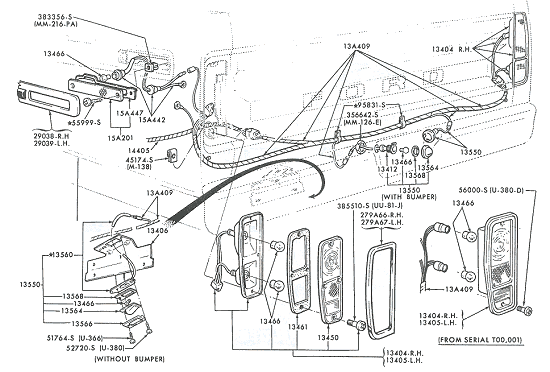 Ford truck tail lamp and rear wiring exploded view with part numbers, with and without bumper