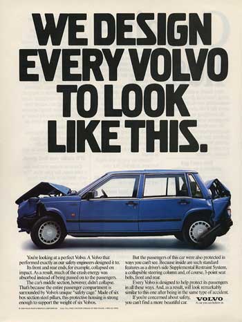 1989 Volvo 740 - Advertisement stating Volvo's design philosophy, a blue Volvo wagon.