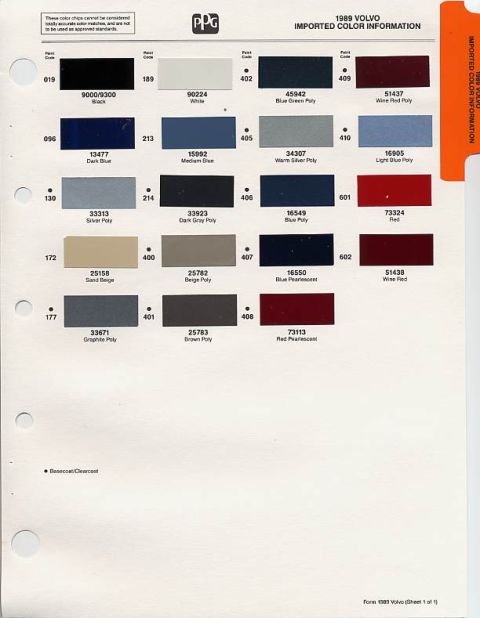 1989 Volvo 740 - Chart displays various paint color options for a vehicle.