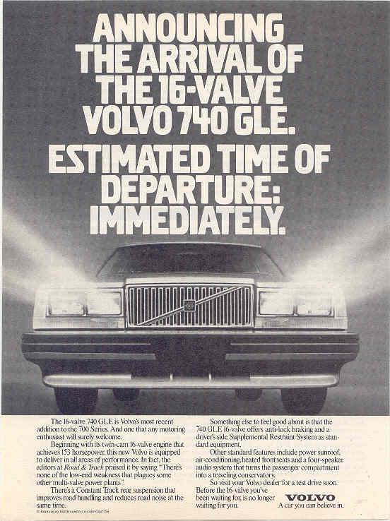 Vintage Volvo 740 GLE magazine ad with front view of sedan and bold headline text