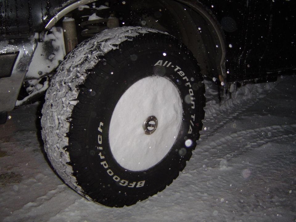 BFGoodrich All-Terrain T/A tire covered in snow on a vehicle.