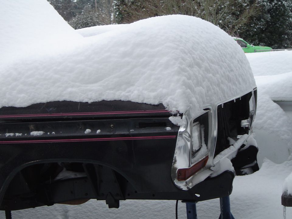 Snow-covered black Ford truck body shell on stands outdoors with chrome headlight bezel