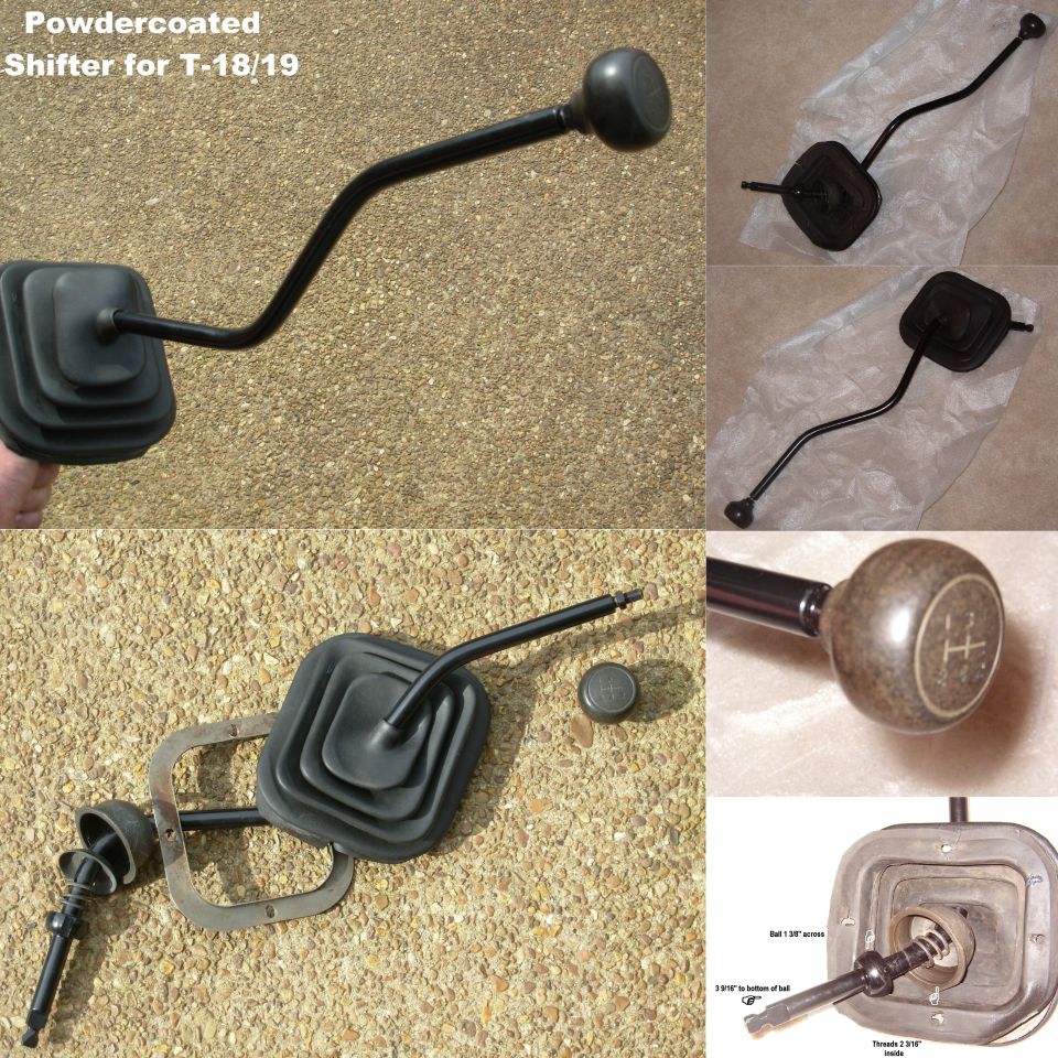 Powdercoated manual transmission shifter parts collage with labels
