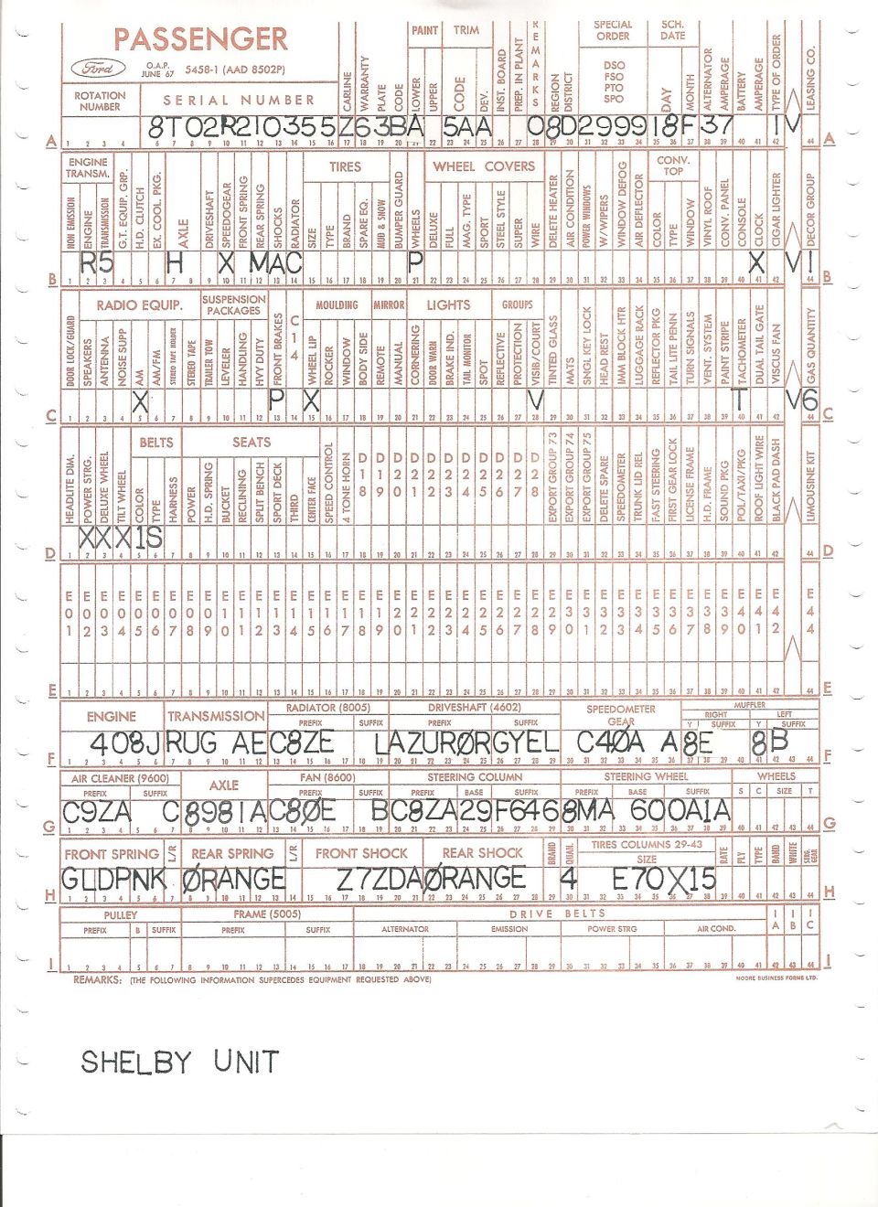 Ford vehicle data buck door tag sheet listing serial number, axle and paint codes, Shelby Unit