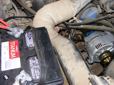 1979 Ford Bronco - A close-up view of a vehicle's engine bay shows a car battery with red jumper cable clamps attached to the terminals. An alternator and var…