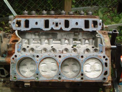 1982 Ford Bronco - Close-up view of a V8 engine block, showing the pistons and cylinder bores.