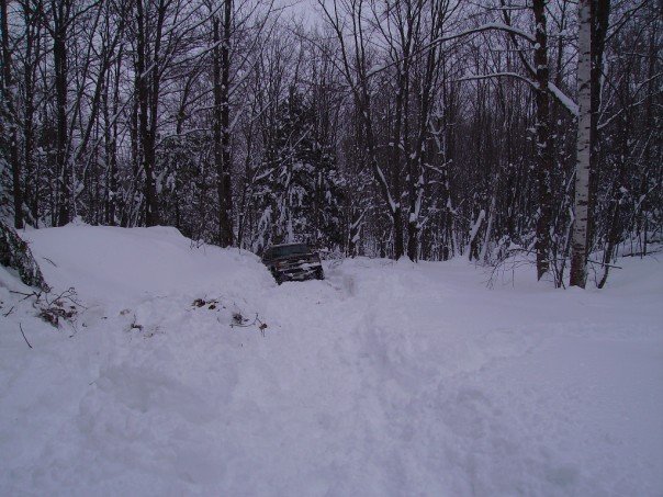 Dark SUV stuck in deep snow on a wooded path.
