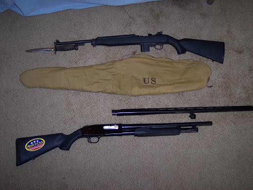 Two firearms and a US marked gun bag on a carpeted surface