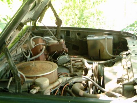 1982 Ford Bronco - Open engine bay of a weathered green truck showing a dusty V8 with a round air cleaner, valve covers, exhaust manifold and a maze of vacuum…