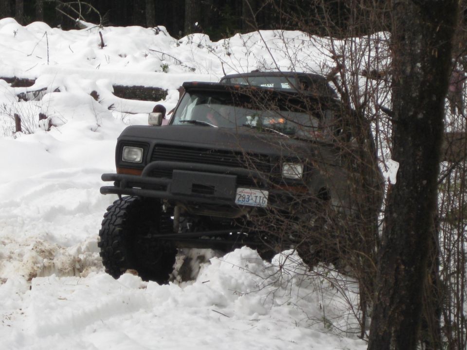 Black 1979 Ford Bronco with large tires in snow, front license plate visible