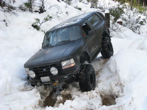 1979 Ford Bronco - This dark SUV, likely a 1992 Ford Bronco, tackles a snow-covered path with its oversized tires.