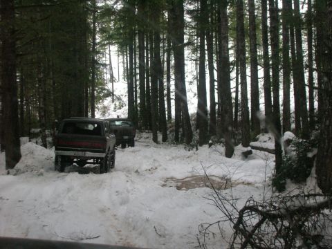 1996 Ford Bronco - Two trucks navigate a snow-covered forest road during winter.