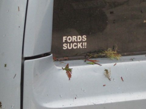 1979 Ford Bronco - A sticker on a vehicle window expresses a negative opinion about Ford vehicles.