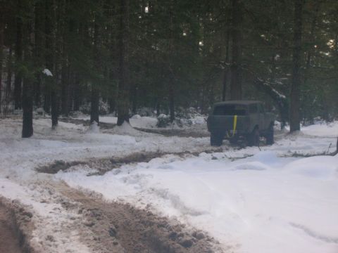 1996 Ford Bronco - SUV with yellow tow strap visible in a snowy forest scene.