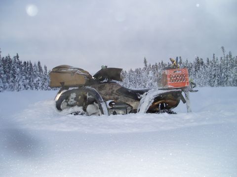 2000 Ford E350 - A snowmobile is stuck in deep snow with a forest in the background.