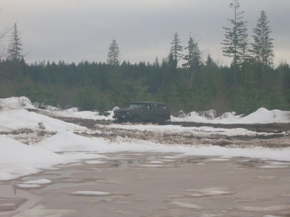Dark SUV stuck in mud and snow, side view. Trees and overcast sky in background