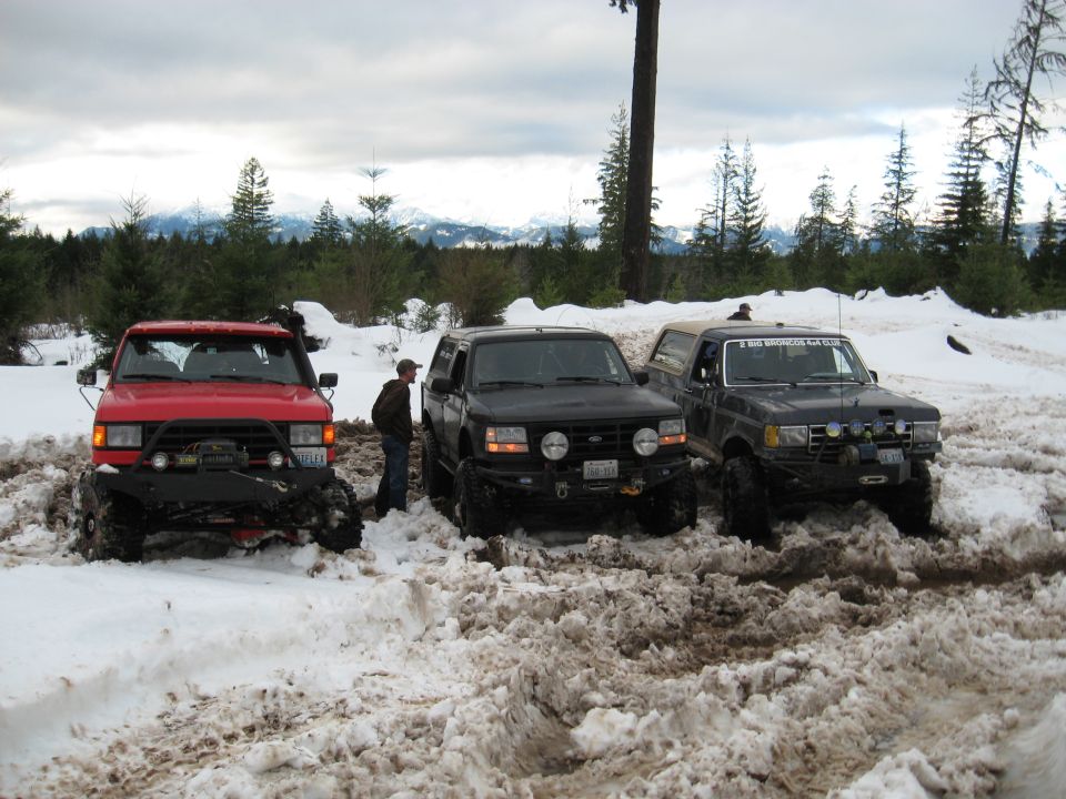 Three trucks stuck in snow. The red one is in front, a black one in the middle, and a gray one on the right. A person stands between the red and black trucks