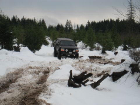 1989 Ford Bronco - A black SUV navigates a snowy, wooded area.