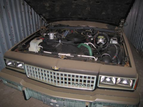 1991 Ford LTD Crown Victoria - The engine bay of a Chevrolet is exposed with the hood open, revealing the engine and front grille.