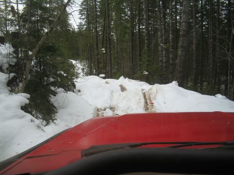 1989 Ford Bronco - Driving through a snowy forest road with deep snowdrifts and tire tracks.