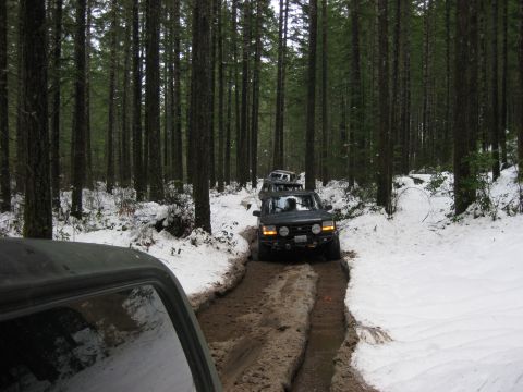 1979 Ford Bronco - Several 4x4 vehicles drive through a muddy trail in a snow-covered forest.