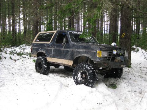 1979 Ford Bronco - Off-road Bronco navigating snowy terrain in a forest setting.