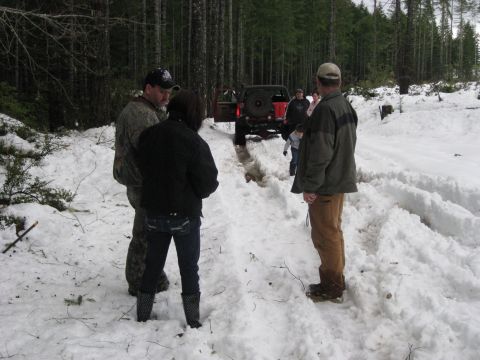 1979 Ford Bronco - A red SUV is stuck in the snow with several people observing the situation in a wooded area.