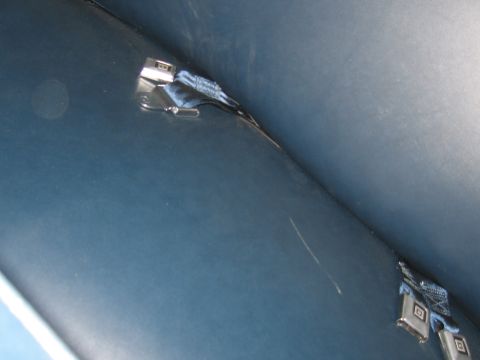 1991 Ford LTD Crown Victoria - Interior view of a vehicle's blue ceiling, showing two seatbelt buckles and straps.