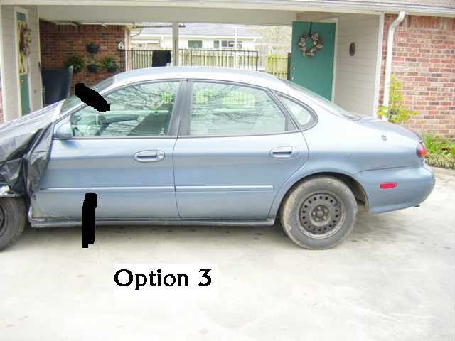 Blue sedan with dented front fender, steel wheels, and a black tarp covering the front. Text "Option 3" is visible