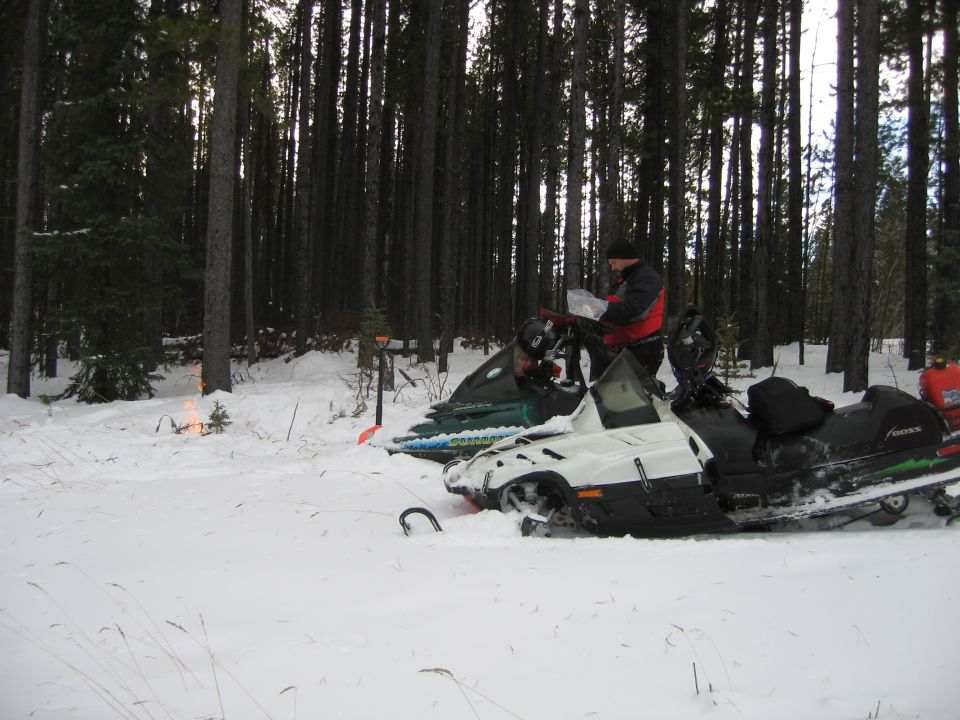 Two snowmobiles parked in deep snow as a rider reads a trail map in a pine forest