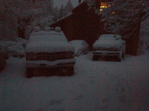 1986 Ford Bronco - Several vehicles are parked outside and covered in a thick layer of snow.