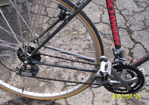 1988 Toyota Pickup/SR5 - Close-up view of the drivetrain components on a Schwinn bicycle.
