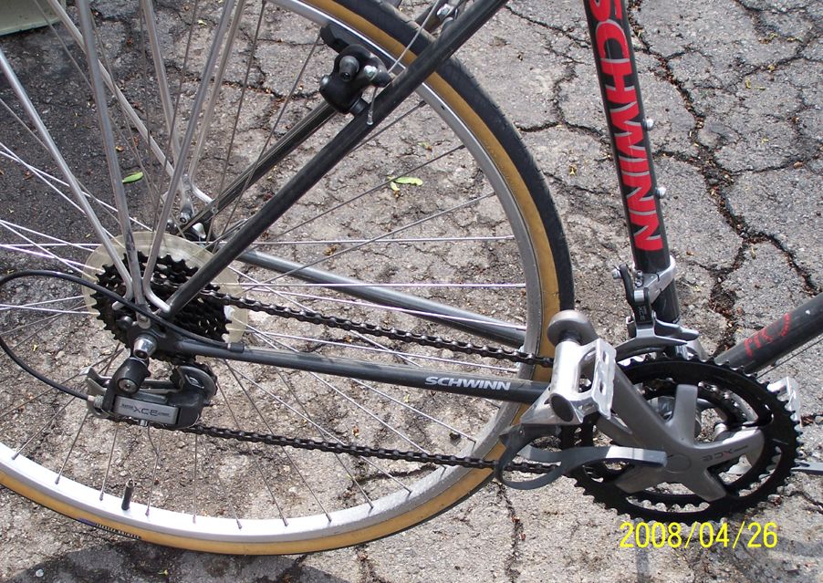 Schwinn bicycle chainrings, pedals, and rear derailleur